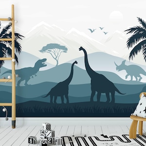 Dinosaur Wallpaper Removable Boys Room Mountains Wallpaper Nursery Blue Ombre Jurassic World Large Wall Mural Kids Trex Brachiosaurus Tropic