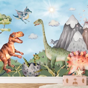 Dinosaur Wallpaper Mural Nursery, Watercolor Dinosaurs Wall Paper Kids Cute Jurassic World Wall Mural Trex Mountain, Volcano Wallpaper Kids