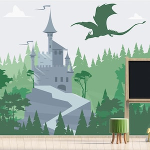 Wizard's Castle Wallpaper Boys Room Removable, Dragon Castle Wall Mural Self Adhesive Woodland Wallpaper Nursery Magical Forest Wall Decor