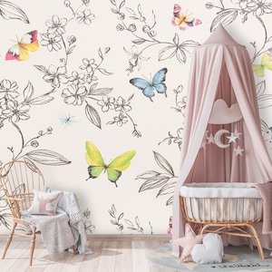 Butterfly Wallpaper for Kid. Floral Wall Decor Flower Wallpaper for Girl Nursery Self Adhesive Wallpaper. Removable Wallpaper for Kids