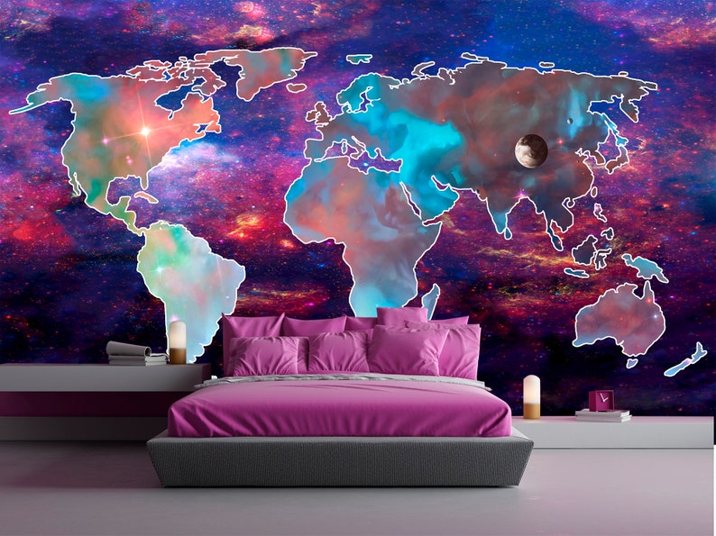 Modern World Map Wallpaper. Map Wall Murals. Self Adhesive Etsy