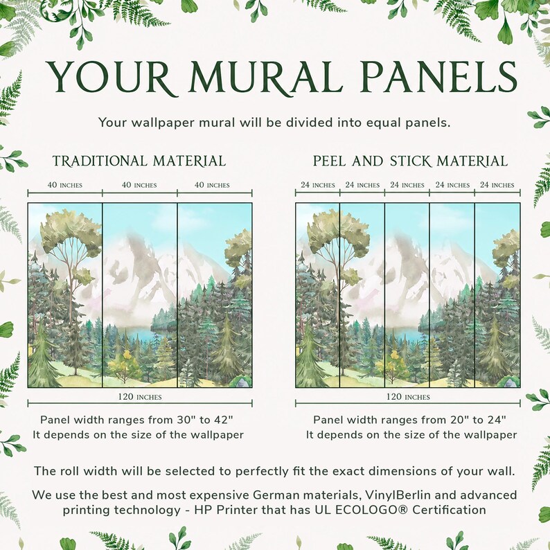 The image is a collage of two images depicting a forest scene with mountains in the background. The images are framed with a border of leaves and are labeled as "Our Wallpaper" and "Other Sellers' Wallpaper".