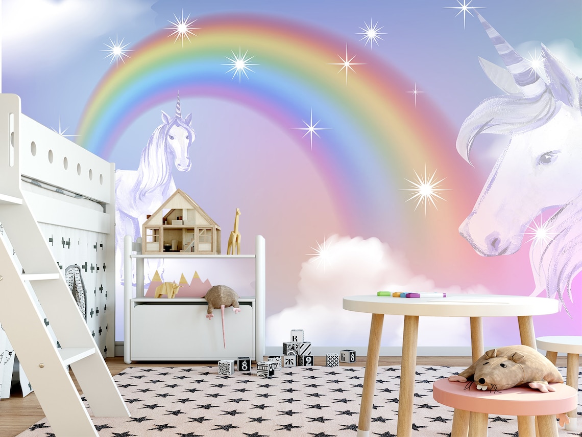 Unicorn Wallpaper Removable Kids. Unicorn Wall Mural Purple Etsy