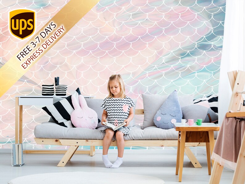 Rainbow Mermaid Tail Wallpaper for Girl Nursery. Mermaid - Etsy