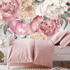 Peonies Wallpaper Removable Girls Room / Peony Wall Mural / Floral Wallpaper Pink Peonies Flowers Wallpaper for Nursery Self-Adhesive KN803