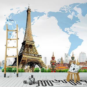 World Map Wallpaper Kids Removable. Map Wall Mural for Class Room Self Adhesive. Eiffel Tower Wallpaper Non Woven. World Accent Decor KM380