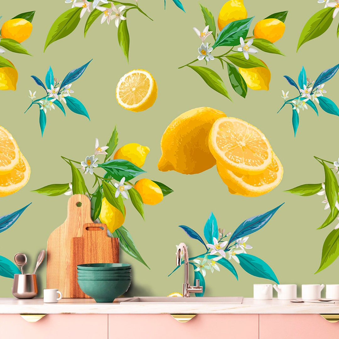 Lemon Wallpaper. Lemons With Leaves Wallpaper. Floral - Etsy
