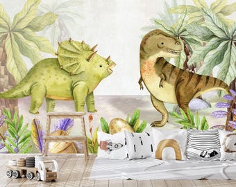 Dinosaur Wallpaper Nursery Removable, Jurassic World Playroom Wallpaper Dino Wall Decor Peel and Stick, Large trex Jungle Wallpaper Green