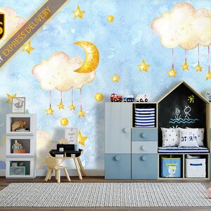 Night Wallpaper for Nursery, Moon With Stars Wallpaper Removable, Night ...