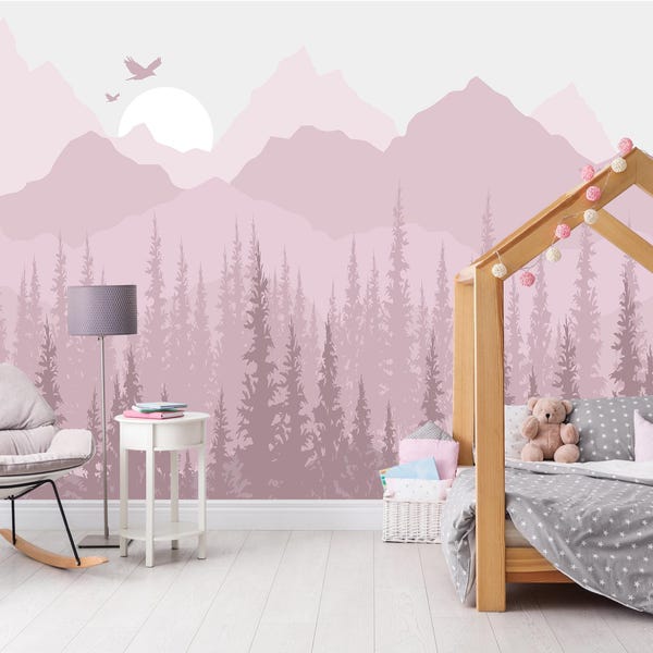 Mountain Wallpaper Removable Pink  Mountains Wall Mural Woodland Nursery Forest Wall Mural Bedroom Watercolor Landscape Nature Wallpaper