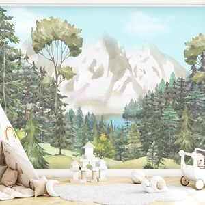 Woodland Wallpaper Neutral Nursery, Mountain Wall Mural Games Room, Forest Accent Wallpaper Unisex, Watercolor Landscape Wall Paper Kids