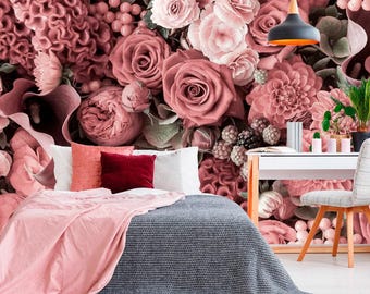 Rose Flowers Wallpaper. Floral Wallpaper Removable. Roses Watercolor Mural. Peel & Stick. Flower Wallpaper. KM38