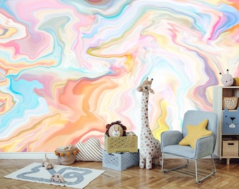 Rainbow Watercolor Nursery Wallpaper, Colorful Wall Mural  Kids, Painting Rainbow Wallpaper for Girls Room Pattern Bedroom Self Adhesive KM1