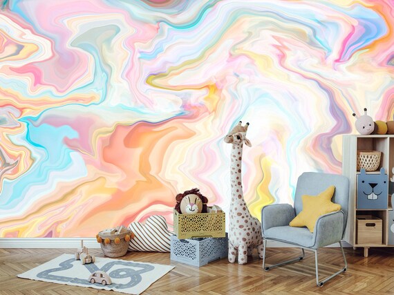 Rainbow Watercolor Nursery Wallpaper, Colorful Wall Mural  Kids, Painting Rainbow Wallpaper for Girls Room Pattern Bedroom Self Adhesive KM1