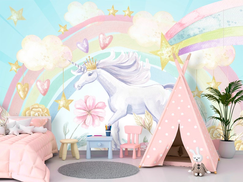 Unicorn Accent Wallpaper Girls Room. Unicorn Theme Wall Mural | Etsy