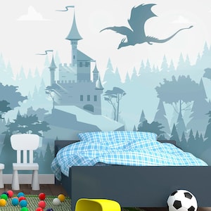 Dragon Castle Wallpaper Boys Room Removable, Woodland Wallpaper Mural for Kids, Blue Wizard's Castle Wall Mural Forest Self-Adhesive