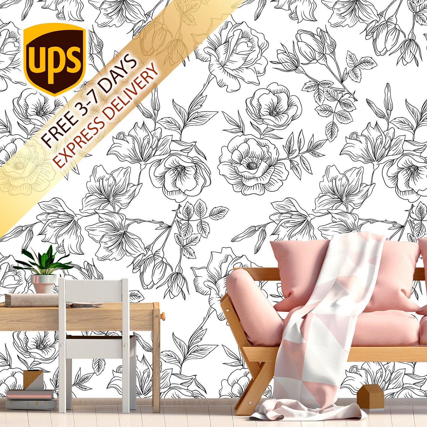 Floral Wallpaper Black and White Flower Pattern Wallpaper | Etsy