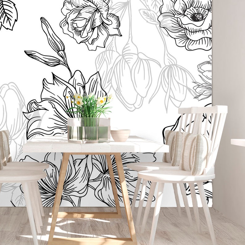 Floral Wallpaper Black and White / Self Adhesive Wallpaper / Etsy