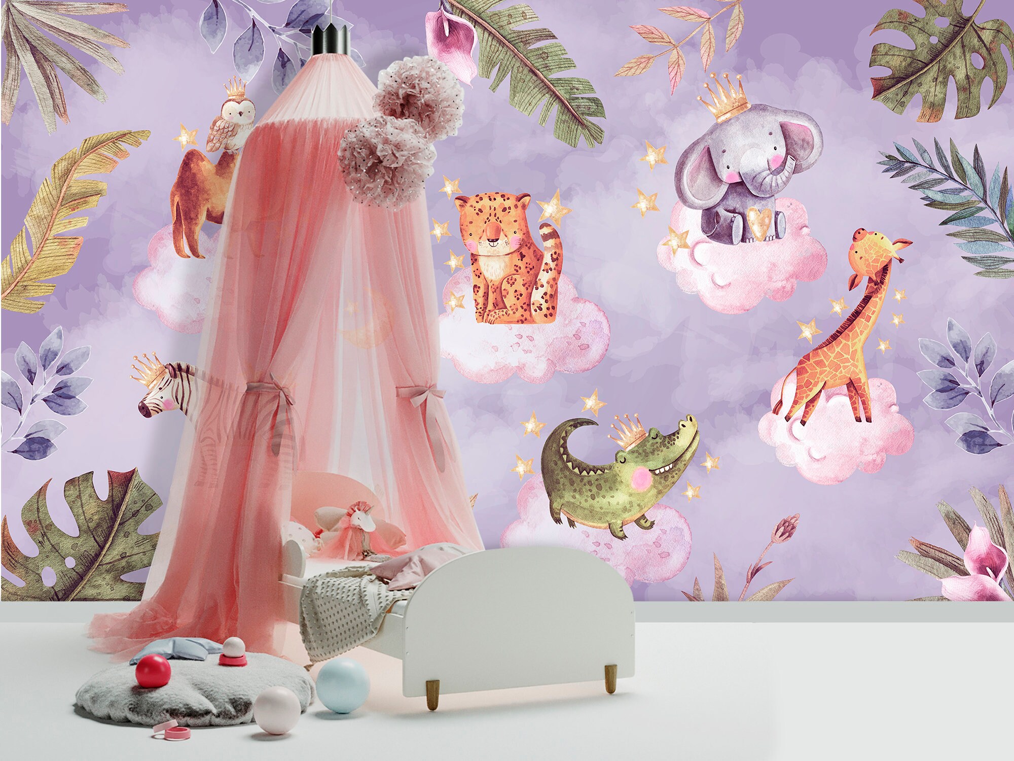Safari Animals Wallpaper Baby Room Tropical Purple Wall Mural Etsy