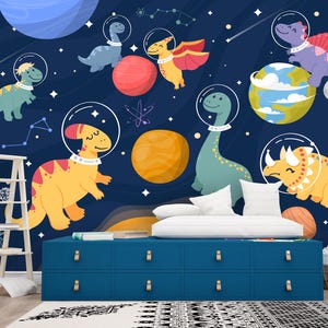 Dinosaur, Space Wallpaper Nursery. Planet, Dino Wall Mural Kids. Blue Outer Space Accent Mural, Cute Fantasy Wall Decor, Universe Wall Paper