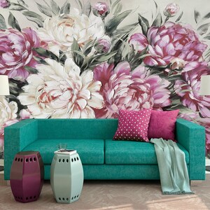 Peony Wallpaper Removable, Floral Wallpaper Peonies, Flower Mural Wallpaper, Peonies Wallpaper for Girls Room, Wall Art Slef Adhesive KM755