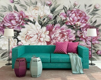 Peony Wallpaper Removable, Floral Wallpaper Peonies, Flower Mural Wallpaper, Peonies Wallpaper for Girls Room, Wall Art Slef Adhesive KM755