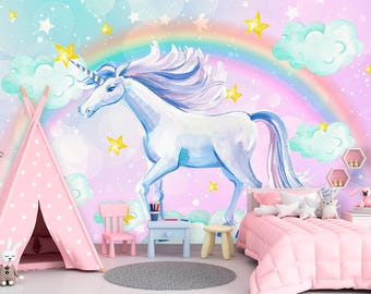 Unicorn Rainbow Stars Mural: Girls Room Accent Wall Art (Nursery)
