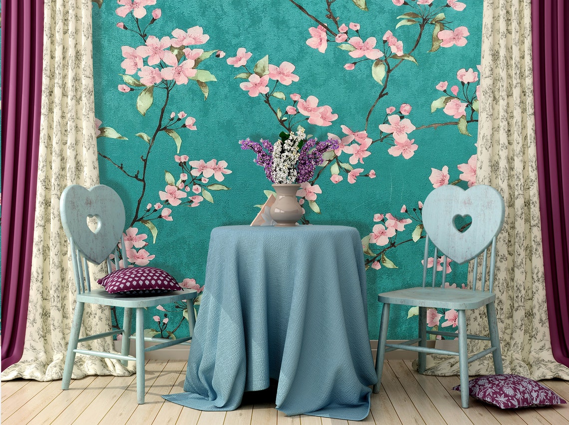 Pink Flower Wallpaper Floral Wall Decor Spring Bloom Wallpaper Etsy