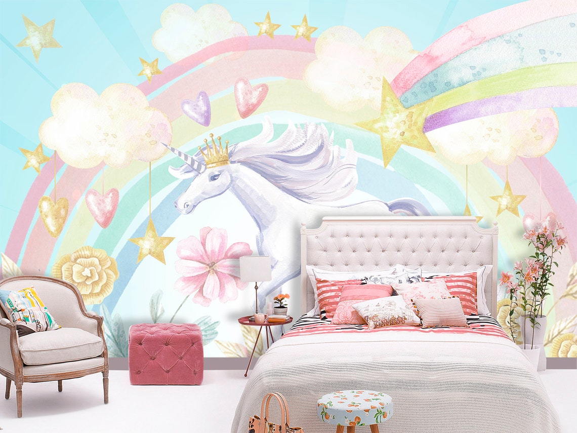 Unicorn Accent Wallpaper Girls Room. Unicorn Theme Wall Mural | Etsy