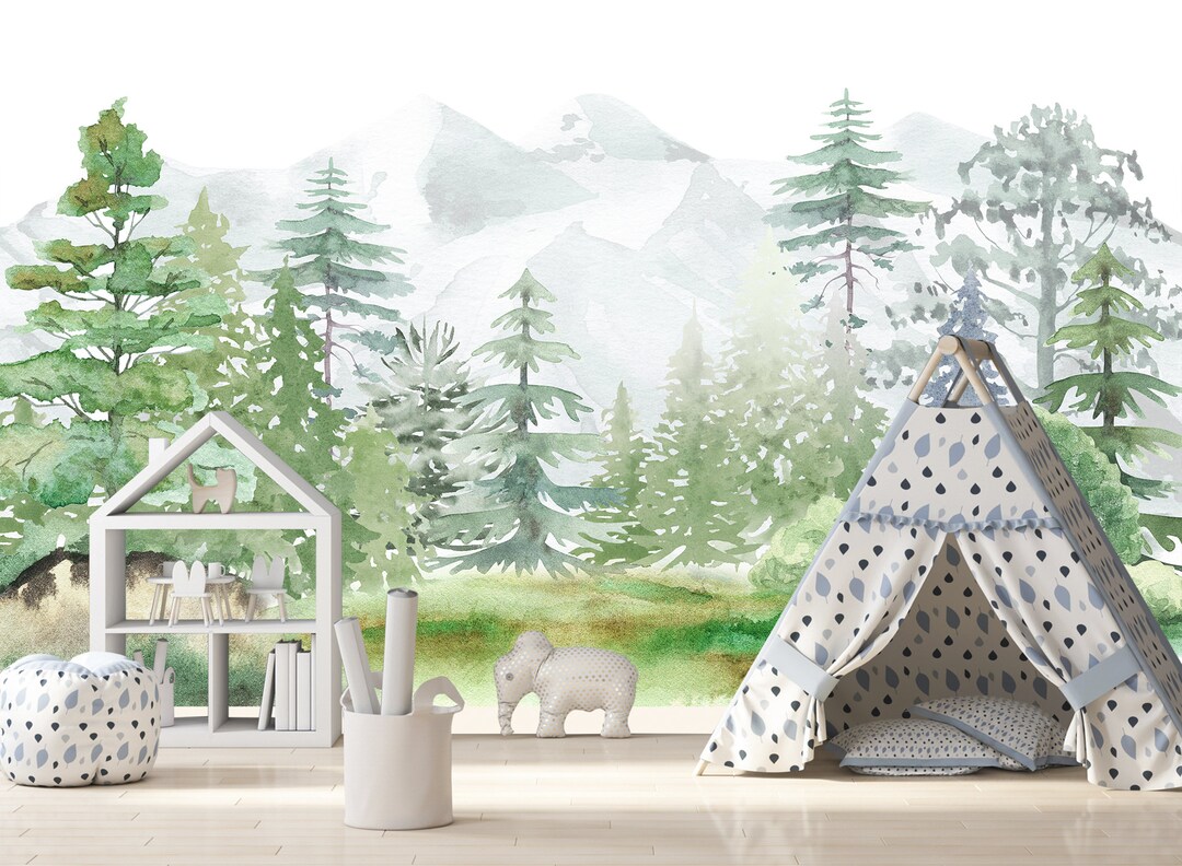 Woodland Wallpaper Toddler Room, Green Forest Wall Mural Nursery