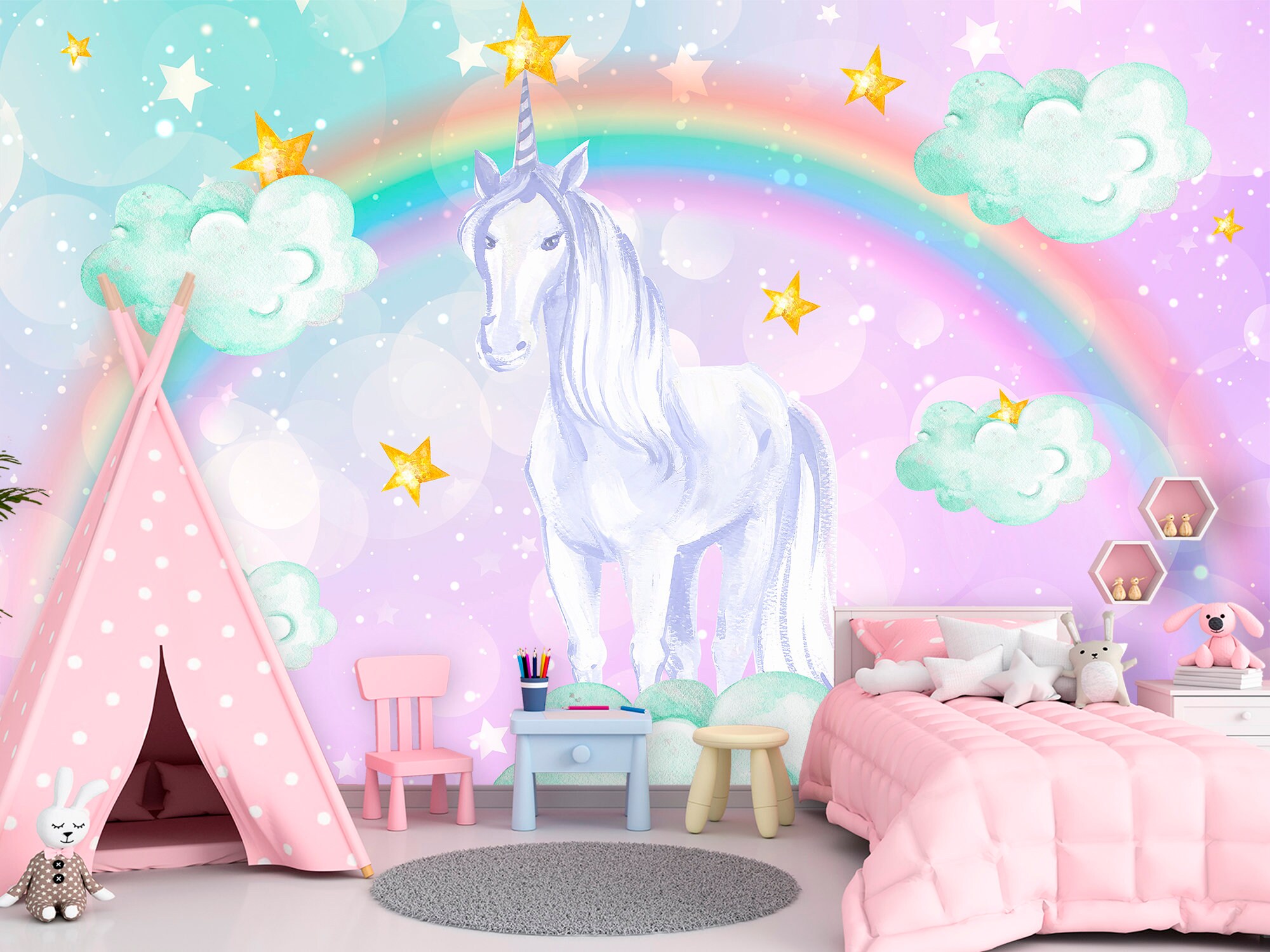 Unicorn Wallpaper Girls Room Removable. Rainbow Wallpaper