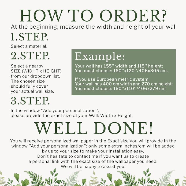 The image is a step-by-step guide on how to order a wallpaper for a wall. It provides instructions on measuring the wall, selecting a material, and ordering a personalized wallpaper.