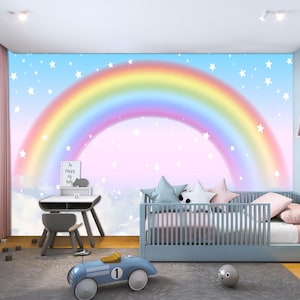 Rainbow Wallpaper Nursery Peel and Stick, Colorful Wall Mural Rainbow Babyl Room, Sky, Stars, Clouds Wall Decor, Unicorn Pattern Wall Paper