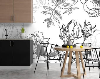 Flowers Wallpaper Black & White. Self Adhesive Wallpaper. Flowers Wall Mural Non-woven Watercolor Wallpaper. Floral Wallpaper Removable Z116