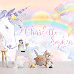 Unicorn Wallpaper Removable Girl Bedroom Unicorns Wall Mural Baby Nursery Rainbow Wallpaper Kids Watercolor Clouds Custom Name Personalized image 4