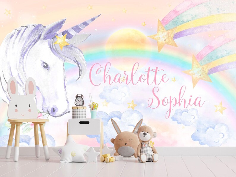 Unicorn Wallpaper Removable Girl Bedroom Unicorns Wall Mural Baby Nursery Rainbow Wallpaper Kids Watercolor Clouds Custom Name Personalized image 4