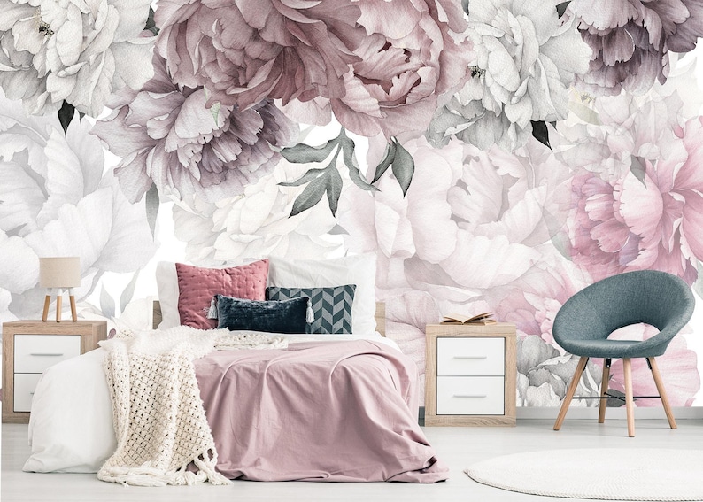 Peonies Wallpaper Bedroom Removable, Floral Wallpaper Peonies, Flowers Wallpaper Girl Room, Self-Adhesive Wallpaper Pink Peony Living Room