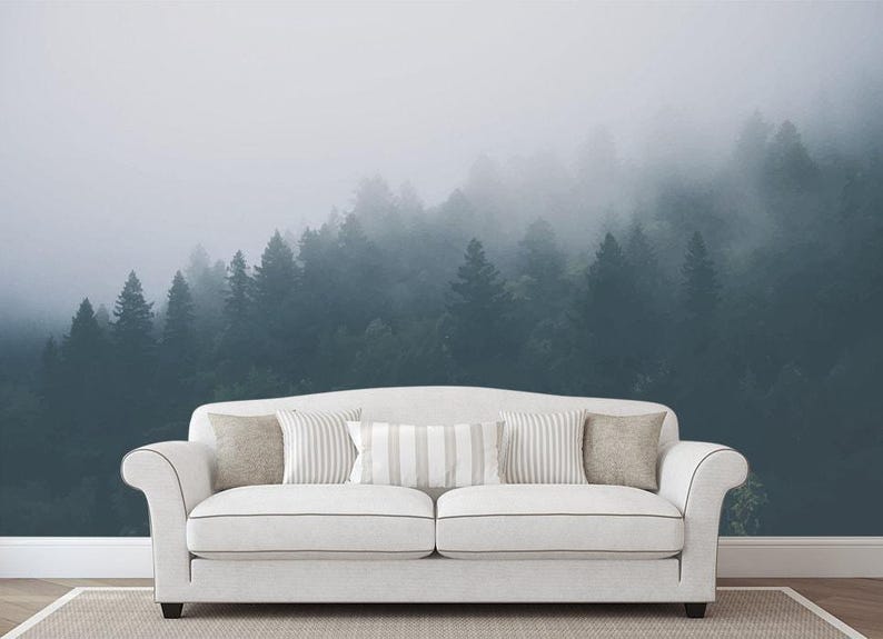 Foggy Forest Wallpaper. Watercolor Nature Wallpaper. Landscape Wall Art. Removable Wallpaper. Forest Eco Friendly Wall Decor KM14 image 2