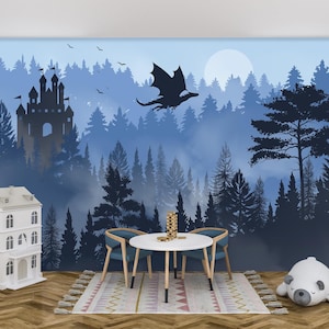 Dragon Castle Wallpaper Boys Room Removable, Wizard&#39;s Castle Wall Mural, Blue Woodland Wall Paper Boys Room, Magical Forest Wall Decor Moon