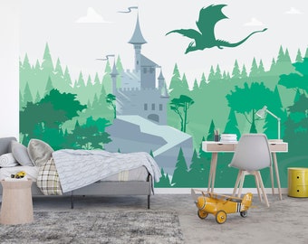 Wizard's Castle Wallpaper Boys Room Removable, Dragon Castle Wall Mural Self Adhesive Woodland Wallpaper Nursery Magical Forest Wall Decor