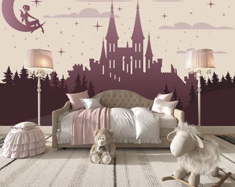 Fairy Castle Wallpaper Mural, Princess Castle Wall Mural Girls Room, Moon Stars Wall Paper Kids Removable, Purple Wizard's Castle Wall Decor