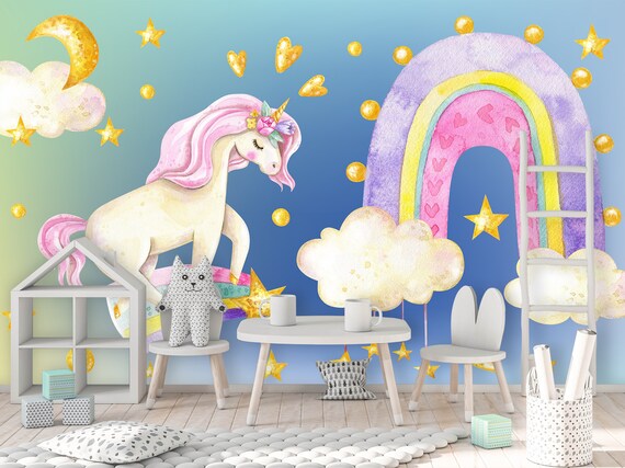Unicorn Wallpaper Girl Room. Unicorn Wall Mural Removable. Rainbow
