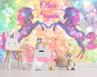 Unicorn Wallpaper Twins Room. Custom Name Wall Mural Girls Bedroom Self Adhesive Rainbow Wallpaper Girls Room Accent Wall for Sisters  KM448