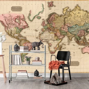 World Map Wallpaper Mural / Large Wall Murals / Non Woven Wallpaper / Self Adhesive Wallpaper World Map /Removable Wallpaper World Map KM559