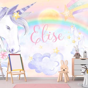 Unicorn Wallpaper Removable Girl Bedroom Unicorns Wall Mural Baby Nursery Rainbow Wallpaper Kids Watercolor Clouds Custom Name Personalized image 3
