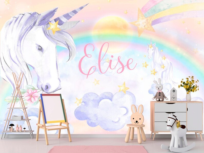 Unicorn Wallpaper Removable Girl Bedroom Unicorns Wall Mural Baby Nursery Rainbow Wallpaper Kids Watercolor Clouds Custom Name Personalized image 3