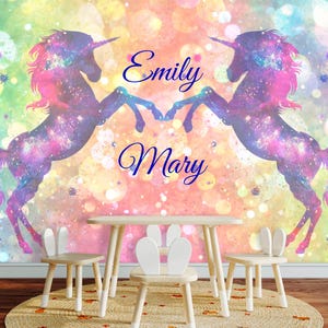 Unicorn Wallpaper Twins Room. Custom Name Wall Mural Girls Bedroom Self Adhesive Rainbow Wallpaper Girls Room Accent Wall for Sisters KM448 image 2