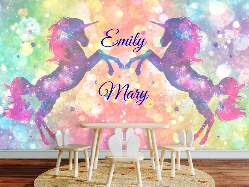 Unicorn Wallpaper Twins Room. Custom Name Wall Mural Girls Bedroom Self Adhesive Rainbow Wallpaper Girls Room Accent Wall for Sisters KM448 image 2