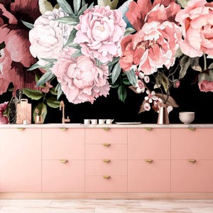 Peony Wallpaper Removable, Floral Wallpaper Peonies, Flower Mural Wallpaper, Dark Wallpaper, Slef Adhesive KM334