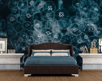 Jellyfish Wallpaper Bathroom. Nautical Pattern Wall Mural Self-Adhesive. Sea Bottom Wallpaper Peel & Stick. Jellyfish Wall Decor Blue